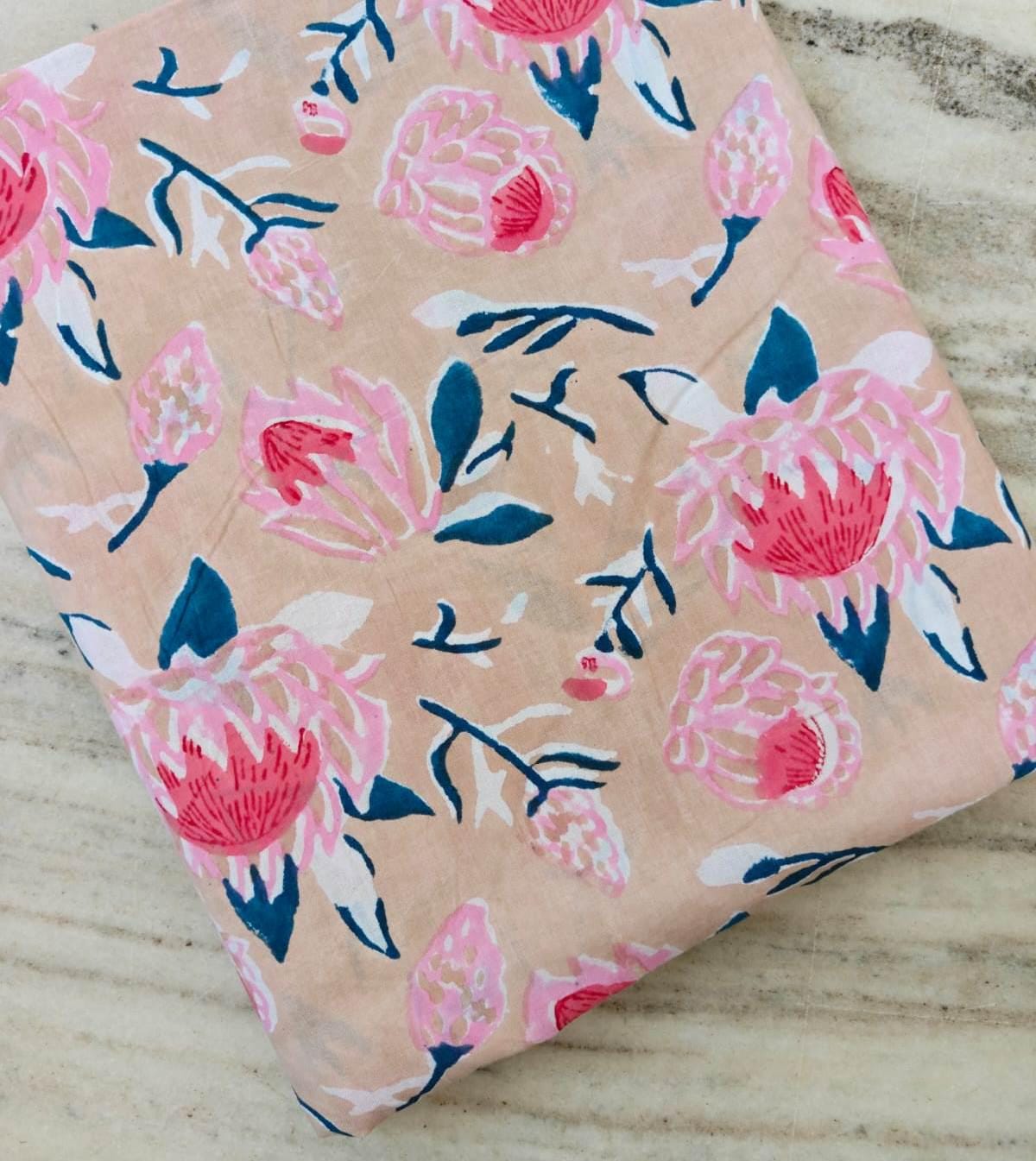 Pink Floral Cotton Fabric By Yard, Hand Block Print Indian Fabric, Quilting Sewing Dressmaking Boho Fabric, Home Decor, Personlized Dress