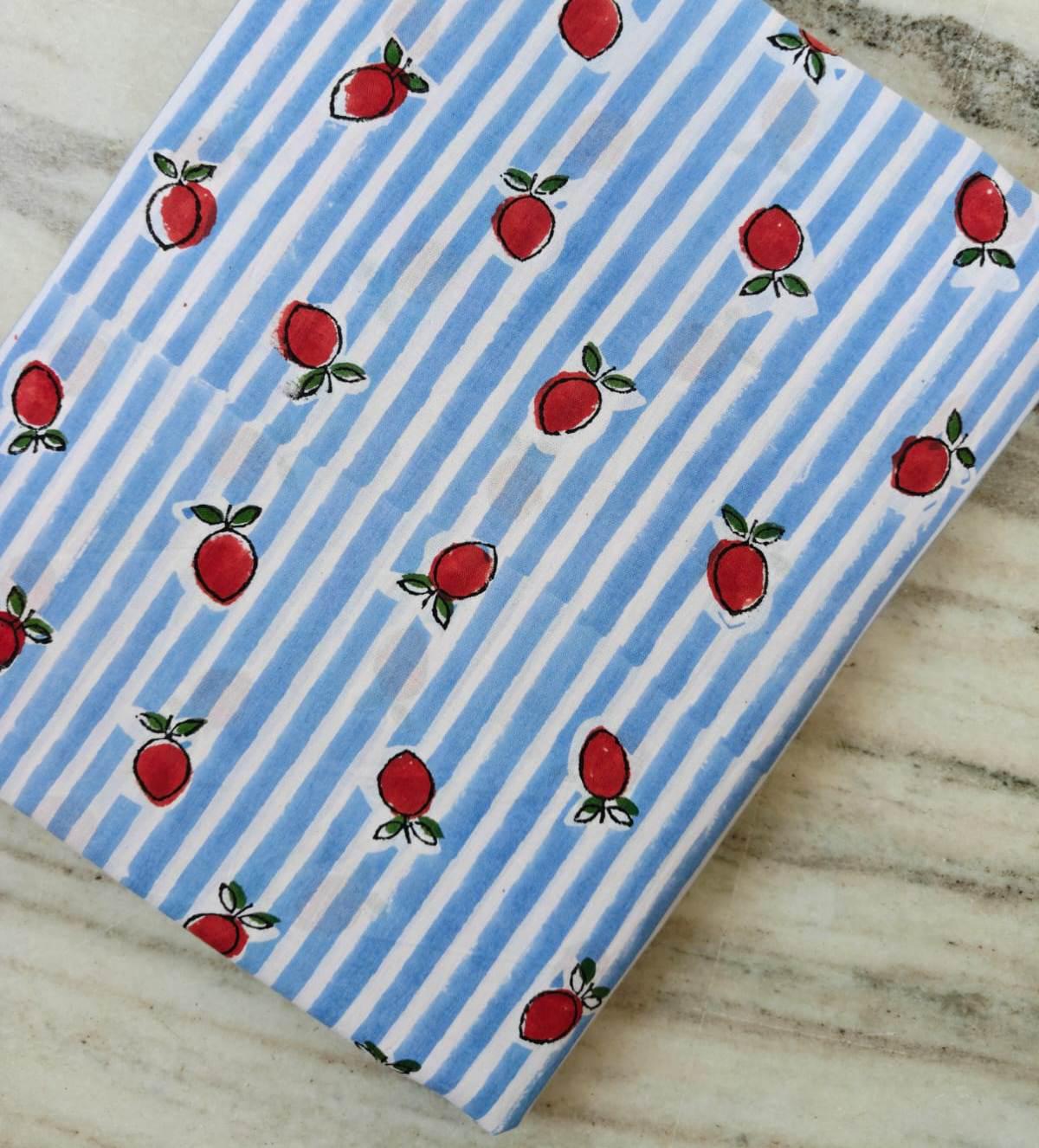 Blue Stripe Strawberry Cotton Fabric, Hand Block Print Fabric, Fruit Print Cotton Material, Quilting Fabric Dressmaking Fabric Sewing Fabric