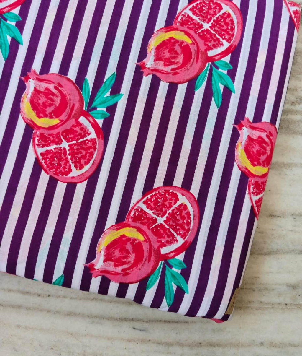 Pomegranate Cotton Fabric, Purple Stripe Fruit Print Fabric Hand Block Print Cotton Material, Quilting Fabric, Dressmaking Upholstery Fabric