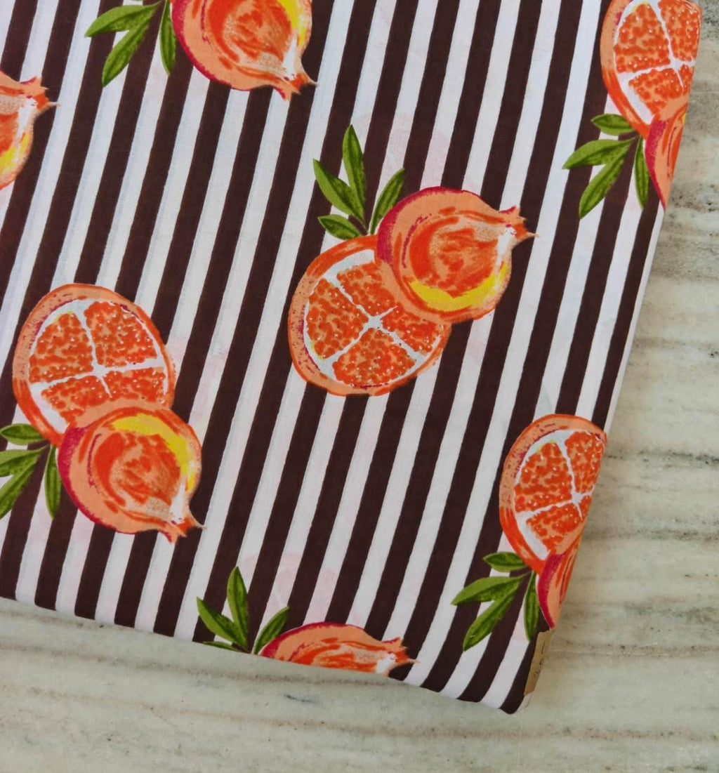 Pomegranate Cotton Fabric, Brown Stripe Fruit Print Fabric, Hand Block Print Cotton Material, Botanical Fabric by Yard Quilting Craft Fabric