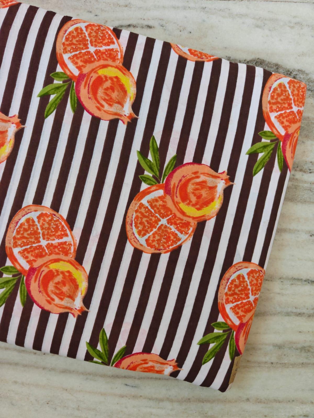 Pomegranate Cotton Fabric, Brown Stripe Fruit Print Fabric, Hand Block Print Cotton Material, Botanical Fabric by Yard Quilting Craft Fabric