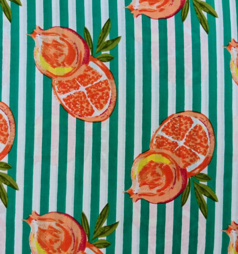 Pomegranate Cotton Fabric by the Yard, Green White Stripe Fruit Print Fabric, Summer Citrus Fabric, Sewing Craft Apparel Home Decor Fabric