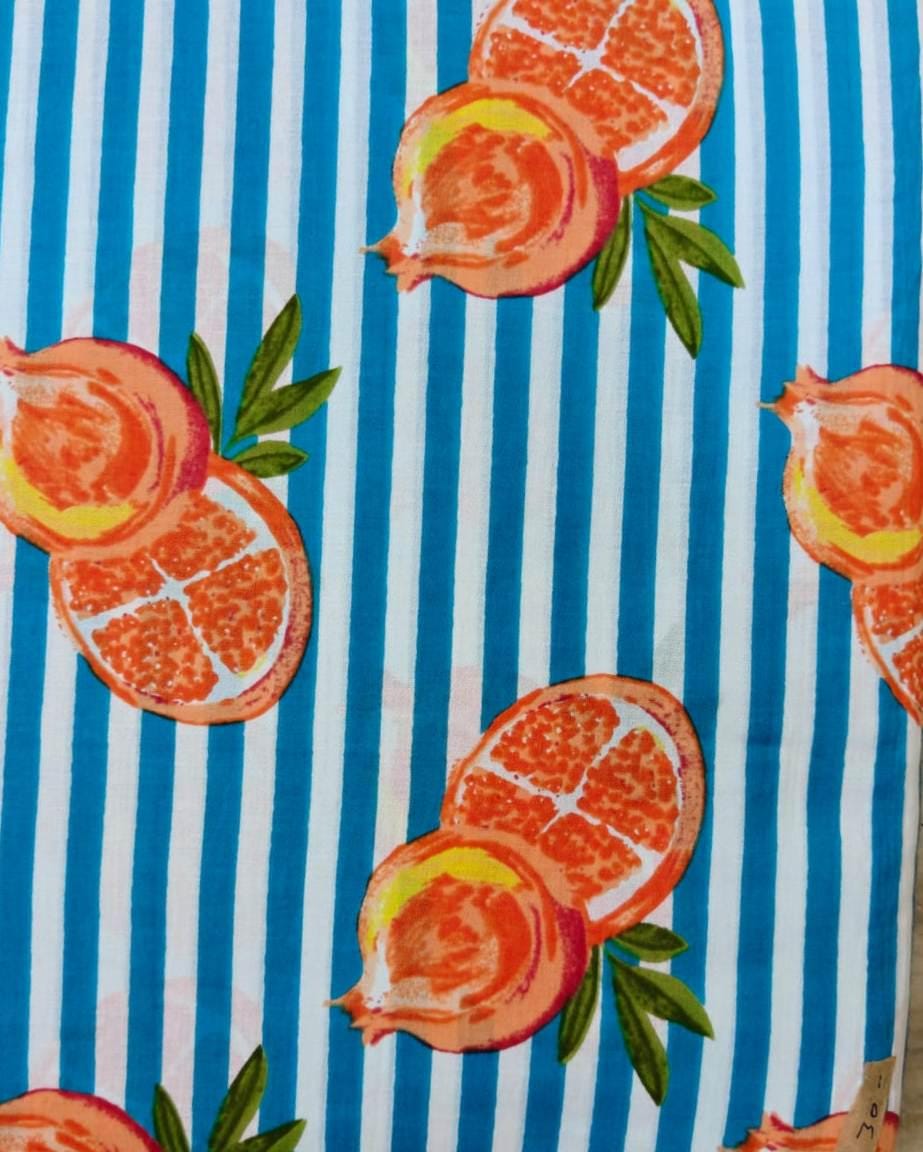 Pomegranate Cotton Fabric by the Yard, Blue White Stripe Fruit Print Fabric, Botanical Summer Fabric, Quilting Sewing Apparel Craft Fabric