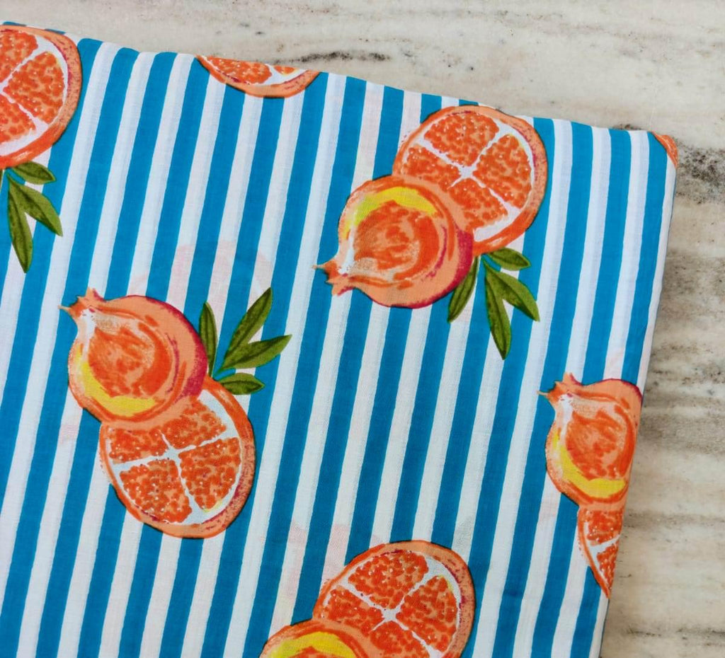 Pomegranate Cotton Fabric by the Yard, Blue White Stripe Fruit Print Fabric, Botanical Summer Fabric, Quilting Sewing Apparel Craft Fabric