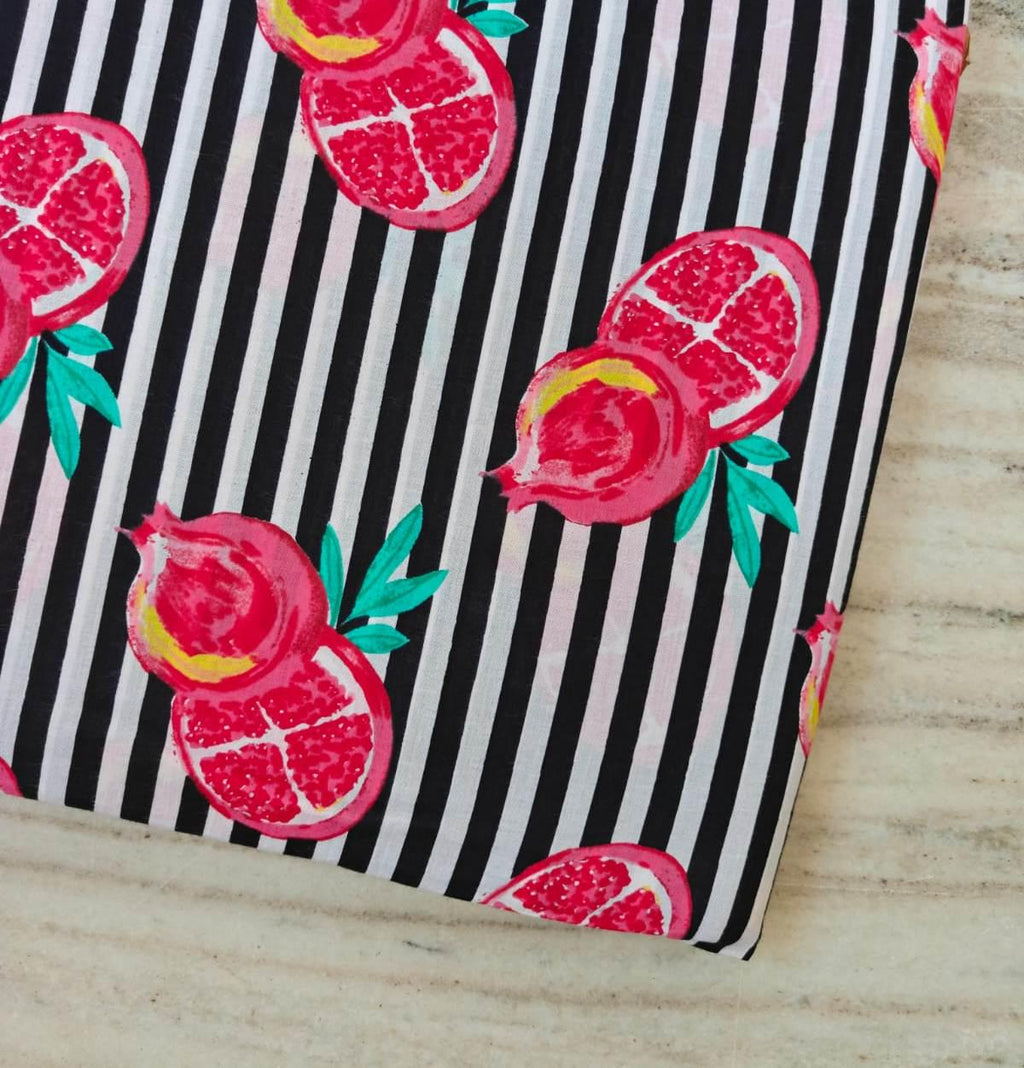 Pink Pomegranate Cotton Fabric by the Yard, Black White Stripe Fruit Print Fabric, Botanical Quilting Fabric, Sewing Apparel Craft Fabric