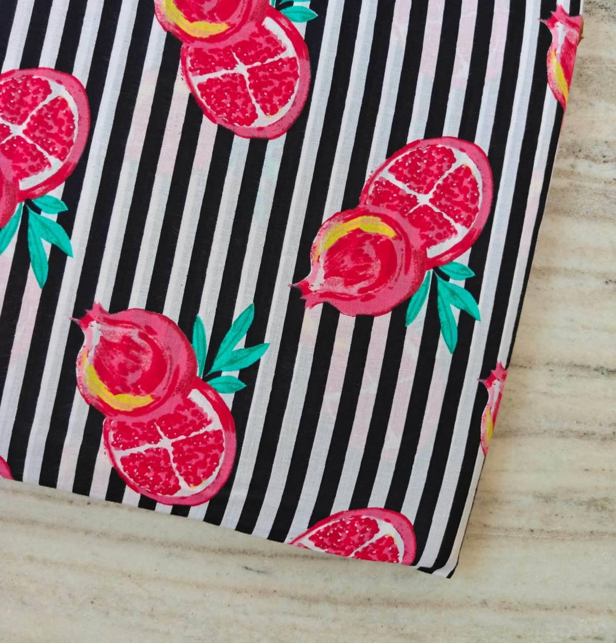 Pink Pomegranate Cotton Fabric by the Yard, Black White Stripe Fruit Print Fabric, Botanical Quilting Fabric, Sewing Apparel Craft Fabric