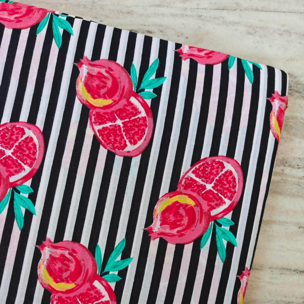 Pink Pomegranate Cotton Fabric by the Yard, Black White Stripe Fruit Print Fabric, Botanical Quilting Fabric, Sewing Apparel Craft Fabric