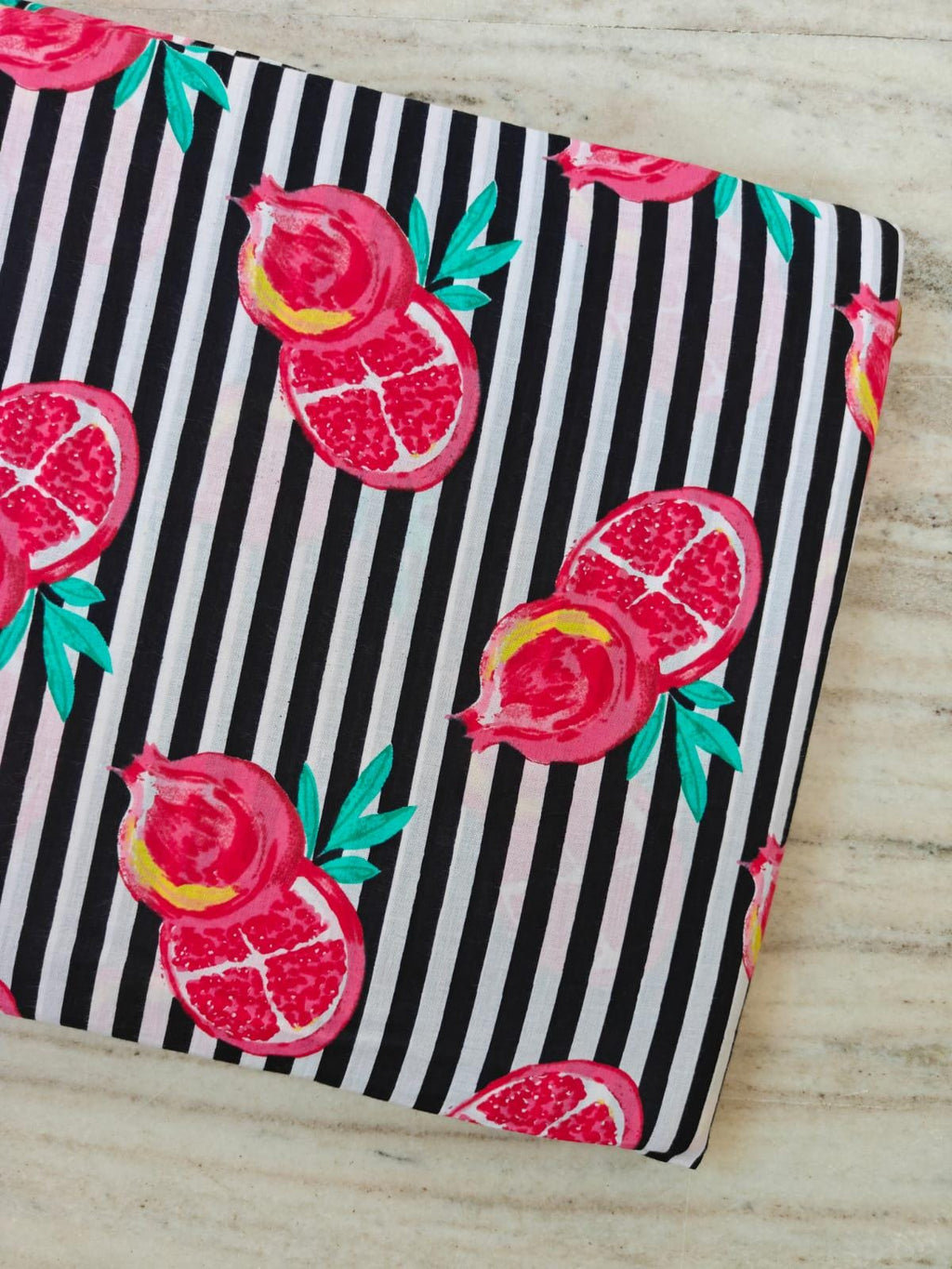 Pink Pomegranate Cotton Fabric by the Yard, Black White Stripe Fruit Print Fabric, Botanical Quilting Fabric, Sewing Apparel Craft Fabric