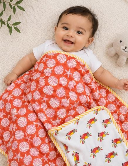 Reversible Baby Dohar Cotton Blanket, Muslin Baby Quilt, Orange Seashell Print Baby Blanket, Summer Toddler Blanket, Newborn Gift