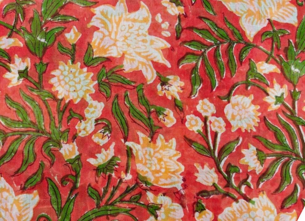 Coral Floral Cotton Fabric by Yard, Hand Block Print Fabric, Indian Cotton Fabric, Flower Print Fabric, Quilting Fabric, Dressmaking Fabric