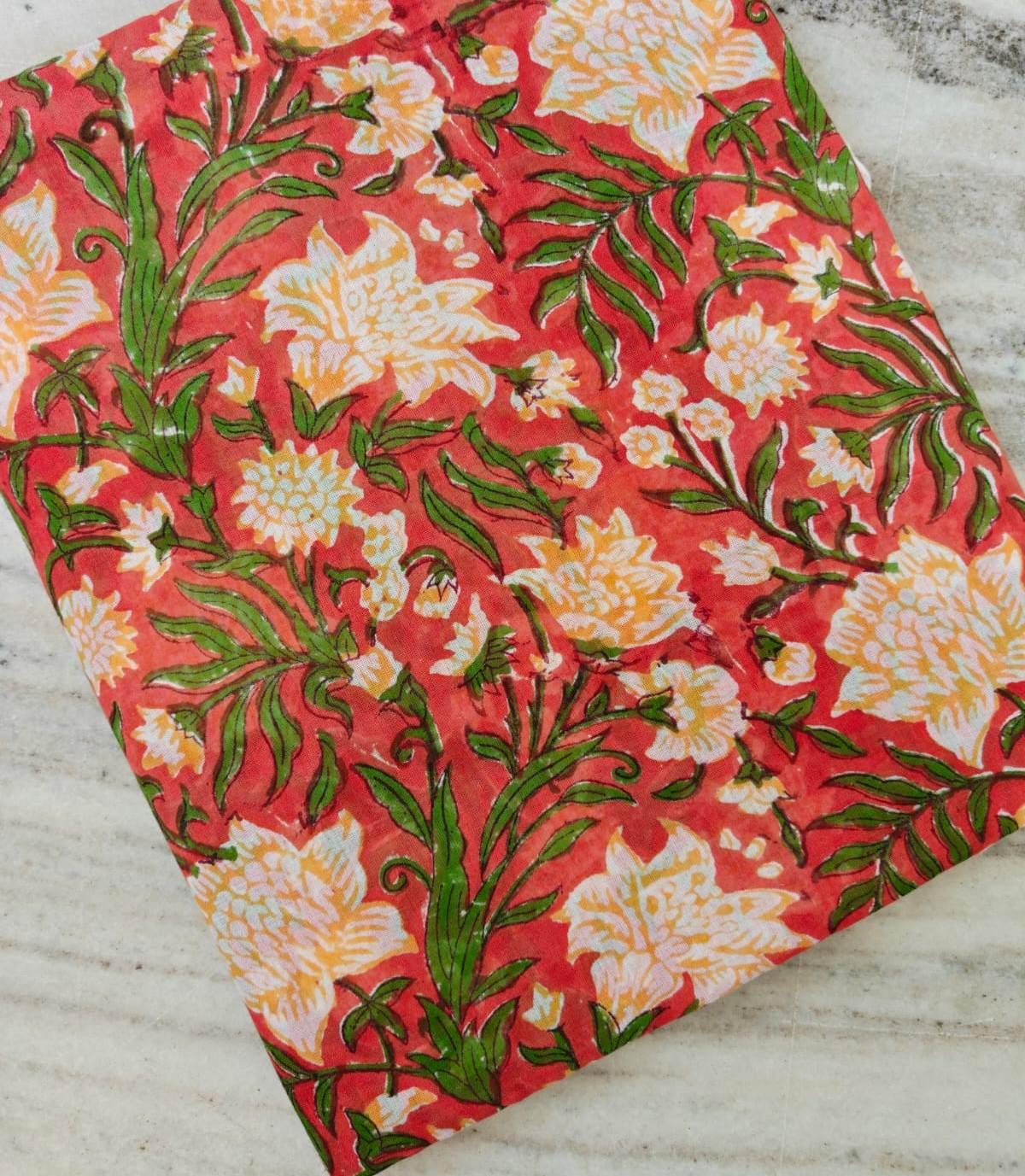 Coral Floral Cotton Fabric by Yard, Hand Block Print Fabric, Indian Cotton Fabric, Flower Print Fabric, Quilting Fabric, Dressmaking Fabric