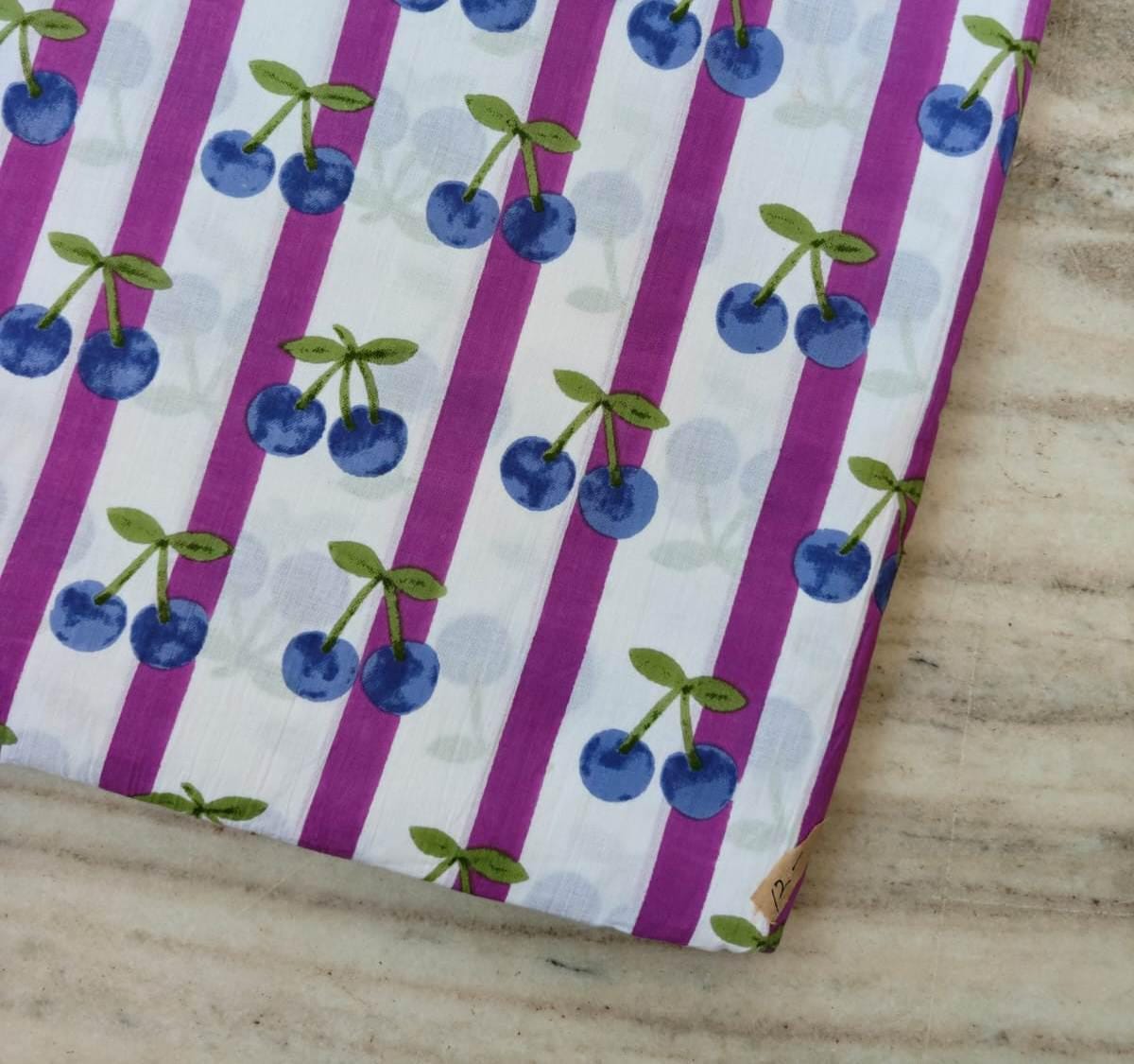 Cherry Print Cotton Fabric by Yard, Pink Stripe Cotton Fabric, Fruit Print Fabric, Cute Summer Fabric, Cotton Sewing Fabric, Kids Fabric