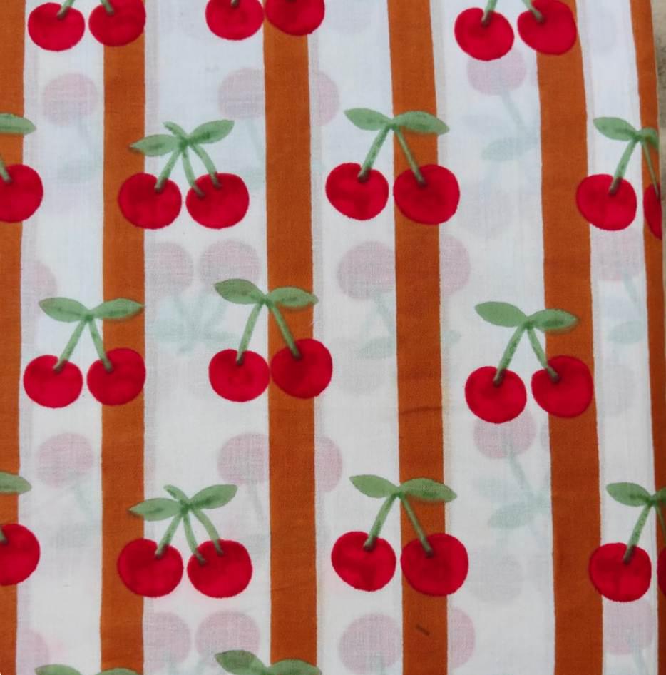 Cherry Stripe Cotton Fabric by the Yard, Red Cherry Print on White & Rust Stripes, Cute Fruit Fabric for Sewing, Dresses, Summer Fabric