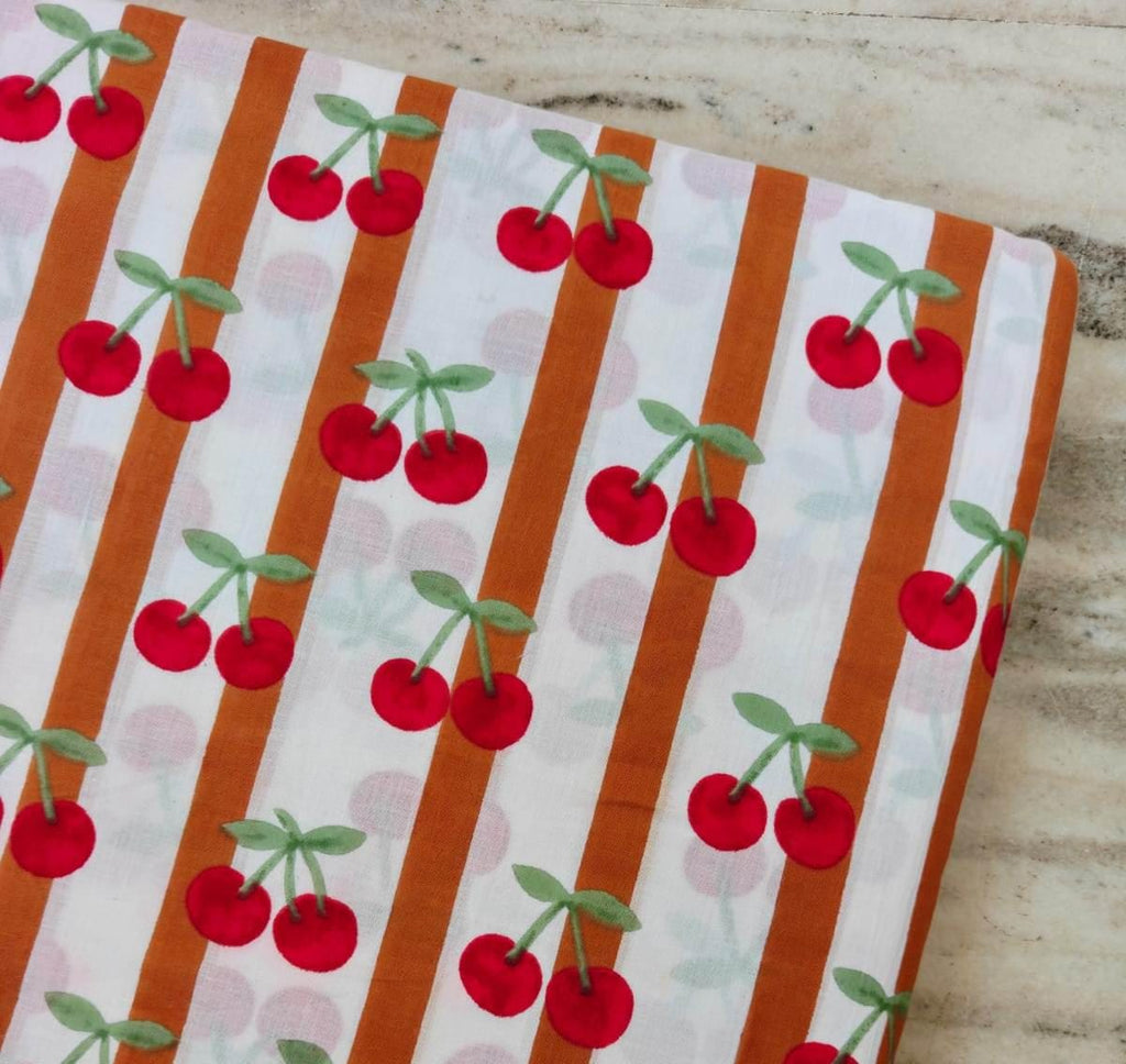 Cherry Stripe Cotton Fabric by the Yard, Red Cherry Print on White & Rust Stripes, Cute Fruit Fabric for Sewing, Dresses, Summer Fabric