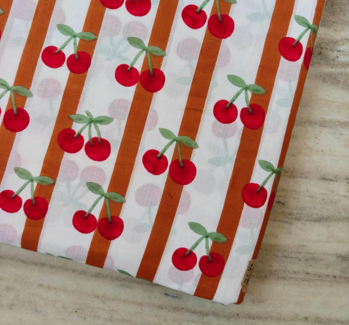 Cherry Stripe Cotton Fabric by the Yard, Red Cherry Print on White & Rust Stripes, Cute Fruit Fabric for Sewing, Dresses, Summer Fabric