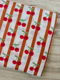 Cherry Stripe Cotton Fabric by the Yard, Red Cherry Print on White & Rust Stripes, Cute Fruit Fabric for Sewing, Dresses, Summer Fabric