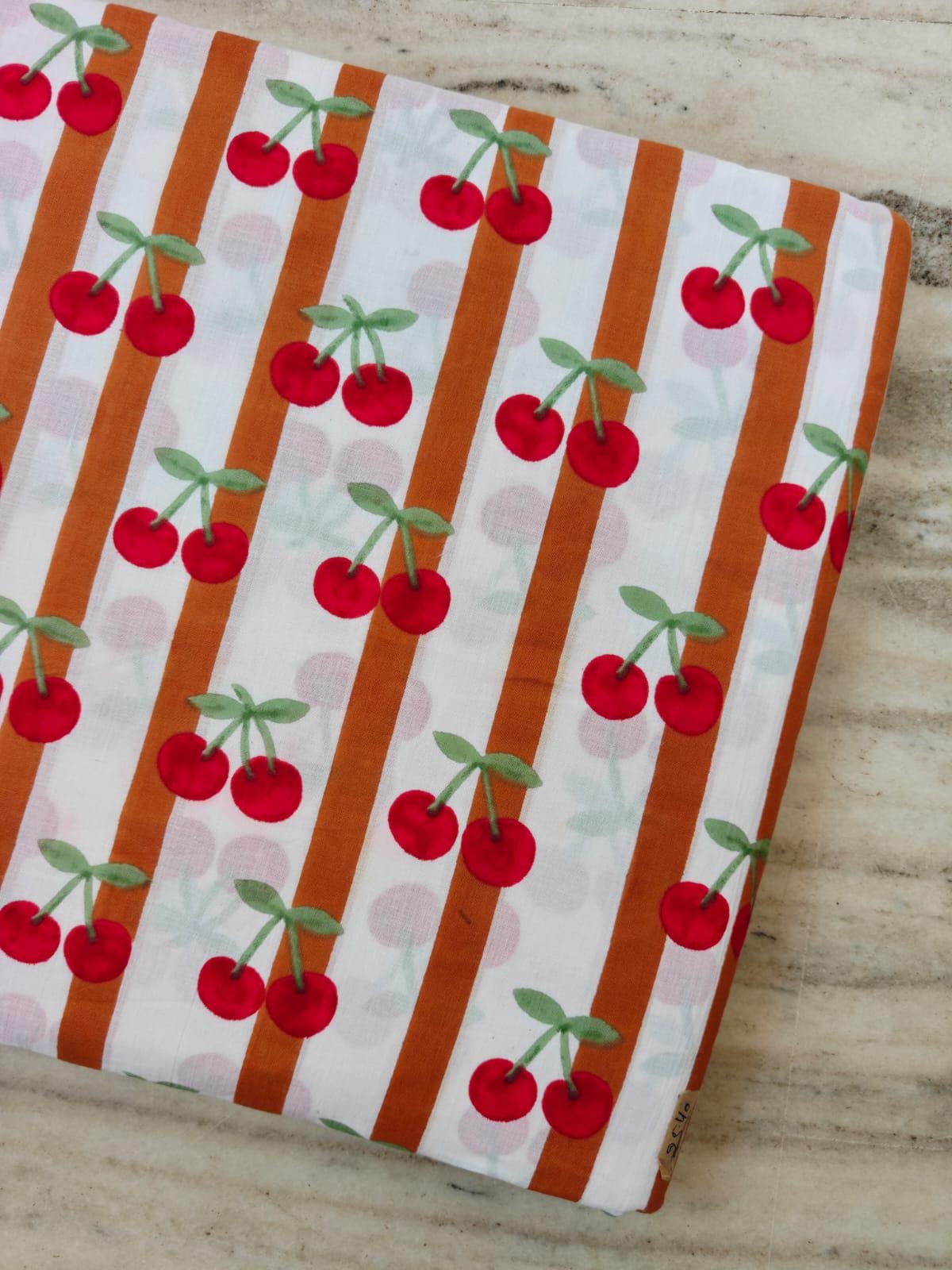 Cherry Stripe Cotton Fabric by the Yard, Red Cherry Print on White & Rust Stripes, Cute Fruit Fabric for Sewing, Dresses, Summer Fabric