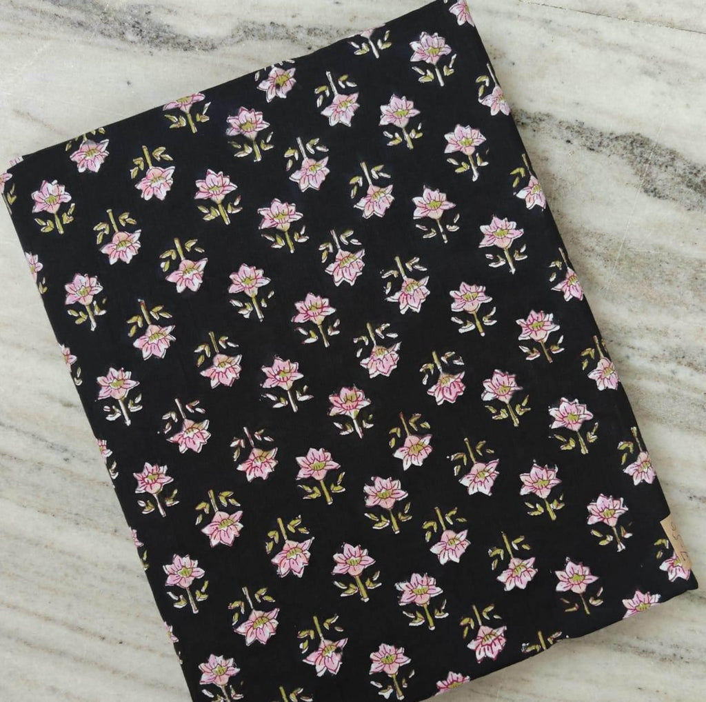 Black Cotton Floral Fabric by the Yard, Pink Block Print Cotton Fabric, Indian Hand Block Print Fabric, Soft Cotton Dress Material Fabric