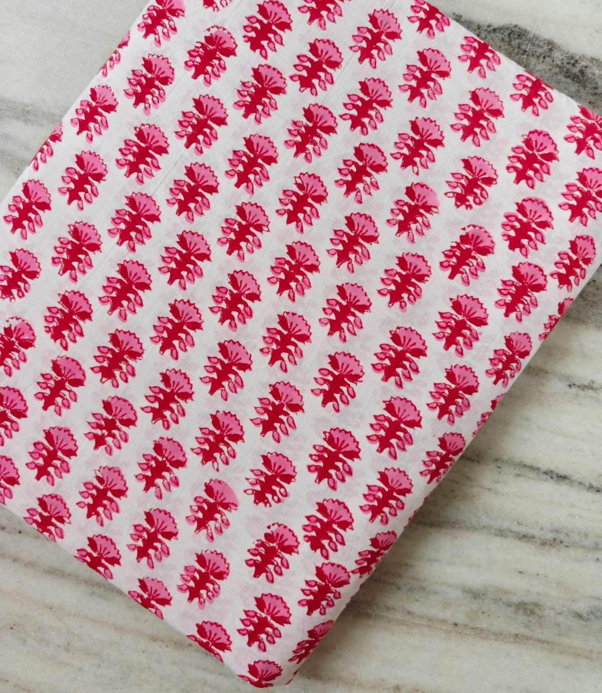 Pink Floral Cotton Fabric by the Yard, White Hand Block Print Cotton Fabric, Indian Cotton Fabric, Soft Floral Dress Quilting Sewing Fabric