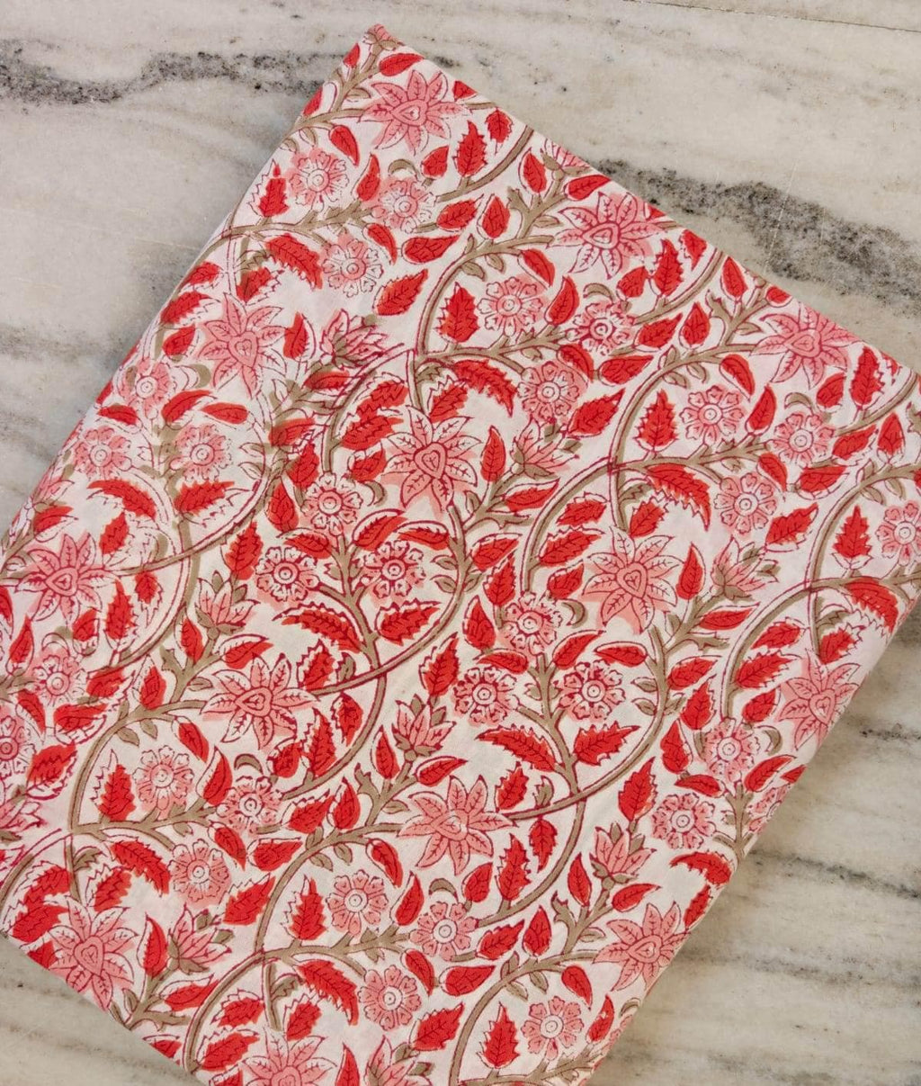 Red Floral Vine Block Print Cotton Fabric by the Yard, Indian Hand Block Print Fabric, Soft Cotton Sewing Fabric, Dressmaking, Craft Textile
