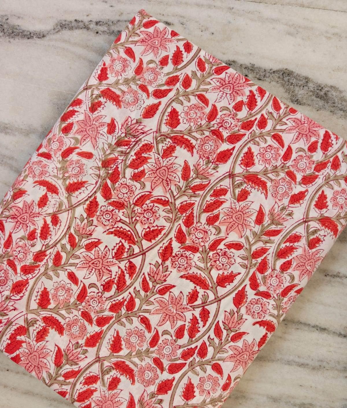 Red Floral Vine Block Print Cotton Fabric by the Yard, Indian Hand Block Print Fabric, Soft Cotton Sewing Fabric, Dressmaking, Craft Textile
