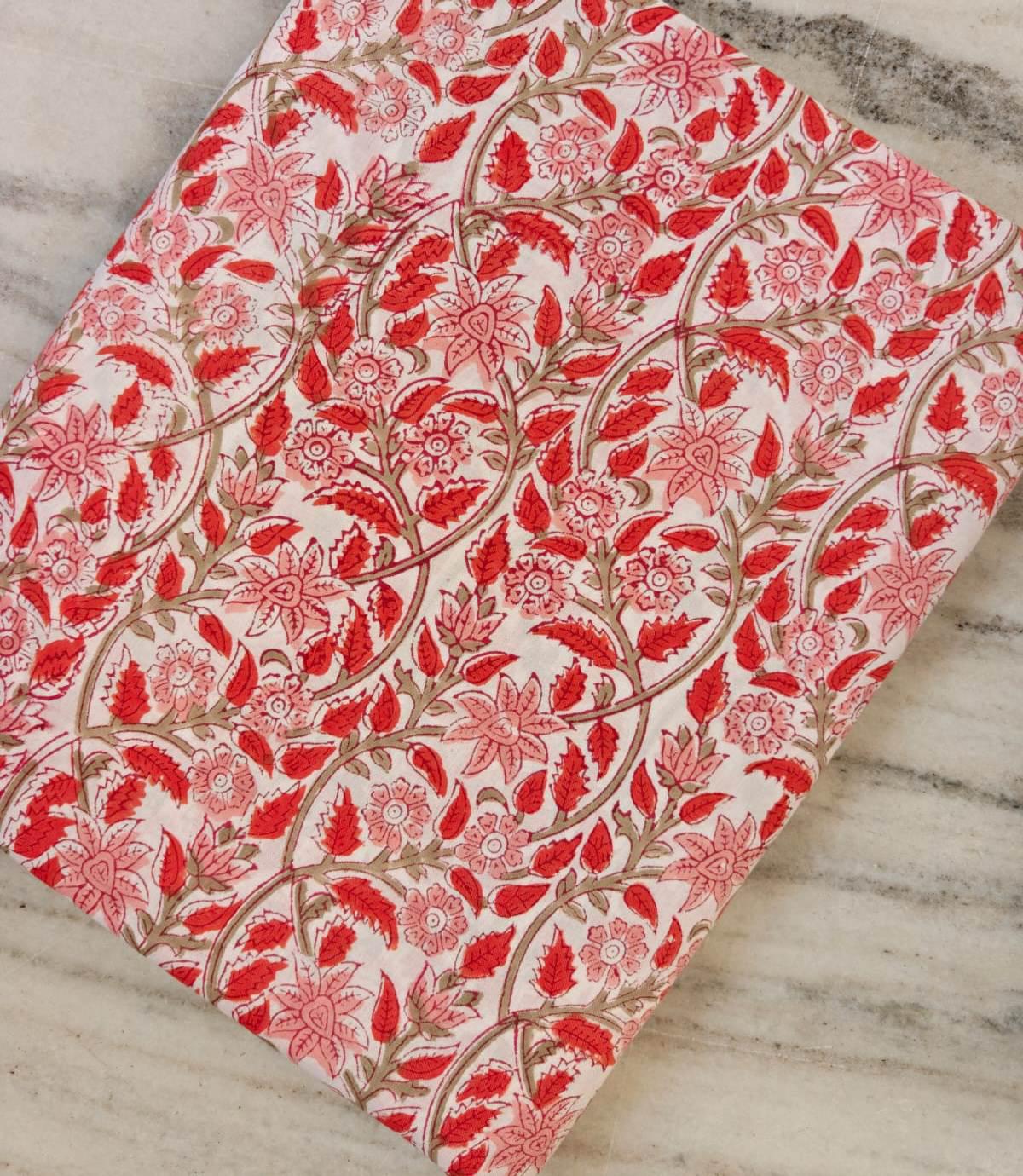Red Floral Vine Block Print Cotton Fabric by the Yard, Indian Hand Block Print Fabric, Soft Cotton Sewing Fabric, Dressmaking, Craft Textile