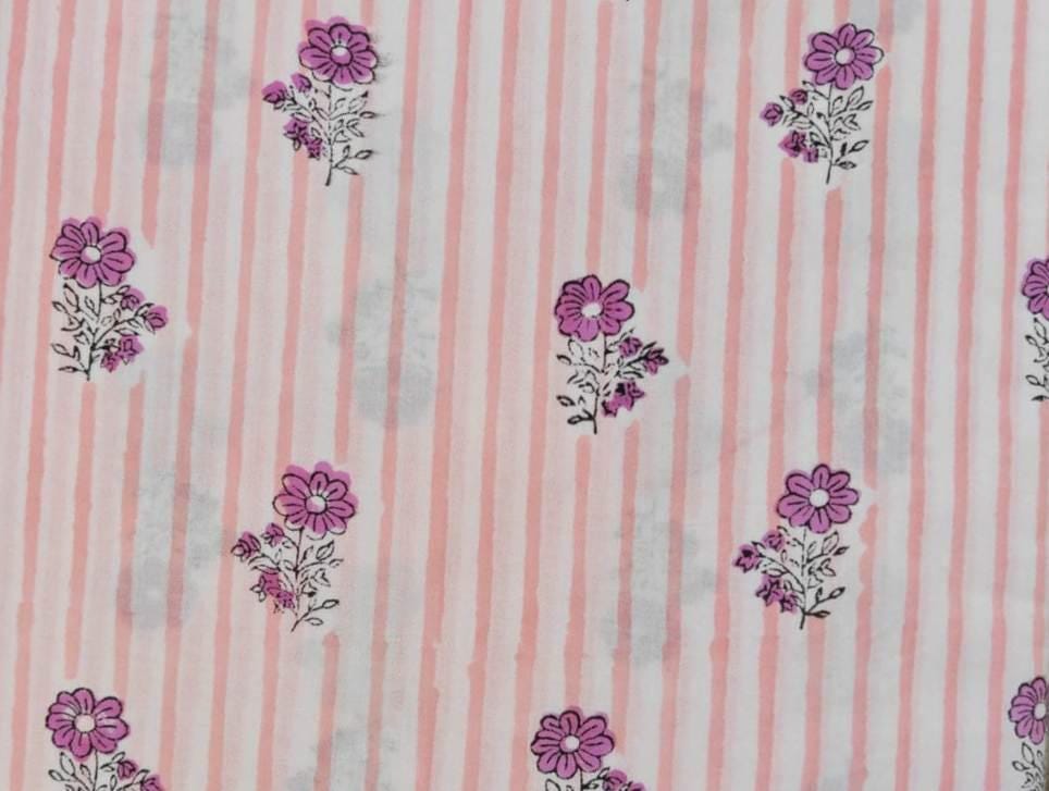 Pink Striped Floral Cotton Fabric by the Yard, Indian Hand Block Print Fabric, Soft Cotton Fabric for Quilting, Dressmaking & Home Decor