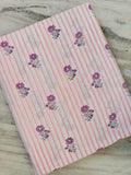 Pink Striped Floral Cotton Fabric by the Yard, Indian Hand Block Print Fabric, Soft Cotton Fabric for Quilting, Dressmaking & Home Decor