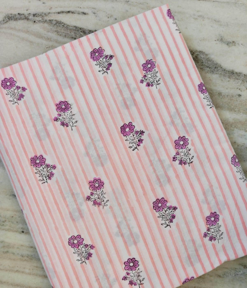 Pink Striped Floral Cotton Fabric by the Yard, Indian Hand Block Print Fabric, Soft Cotton Fabric for Quilting, Dressmaking & Home Decor