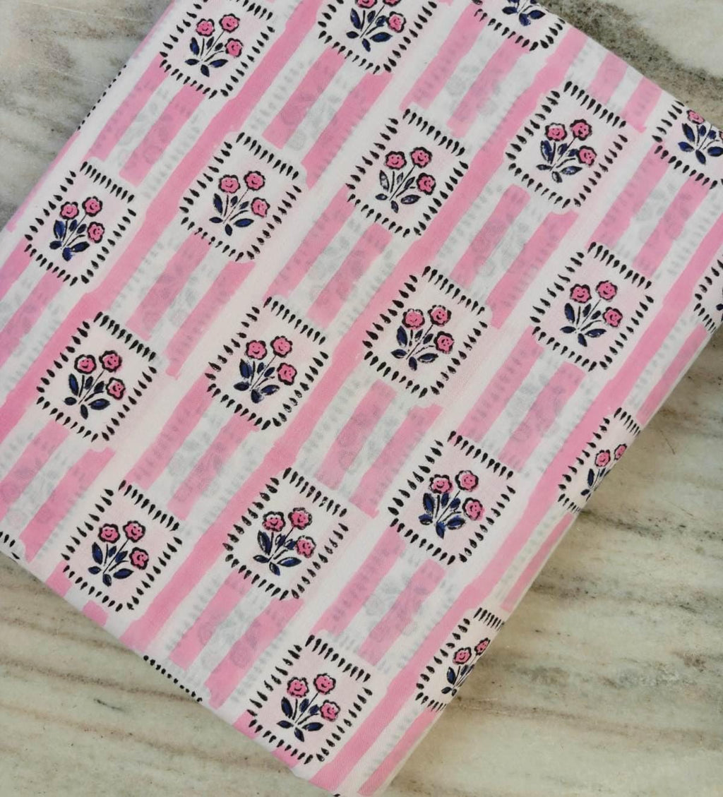 Pink Floral Block Print Cotton Fabric by the Yard, Soft Handmade Cotton Fabric, Indian Cotton Textile, Floral Stripe Dressmaking Fabric