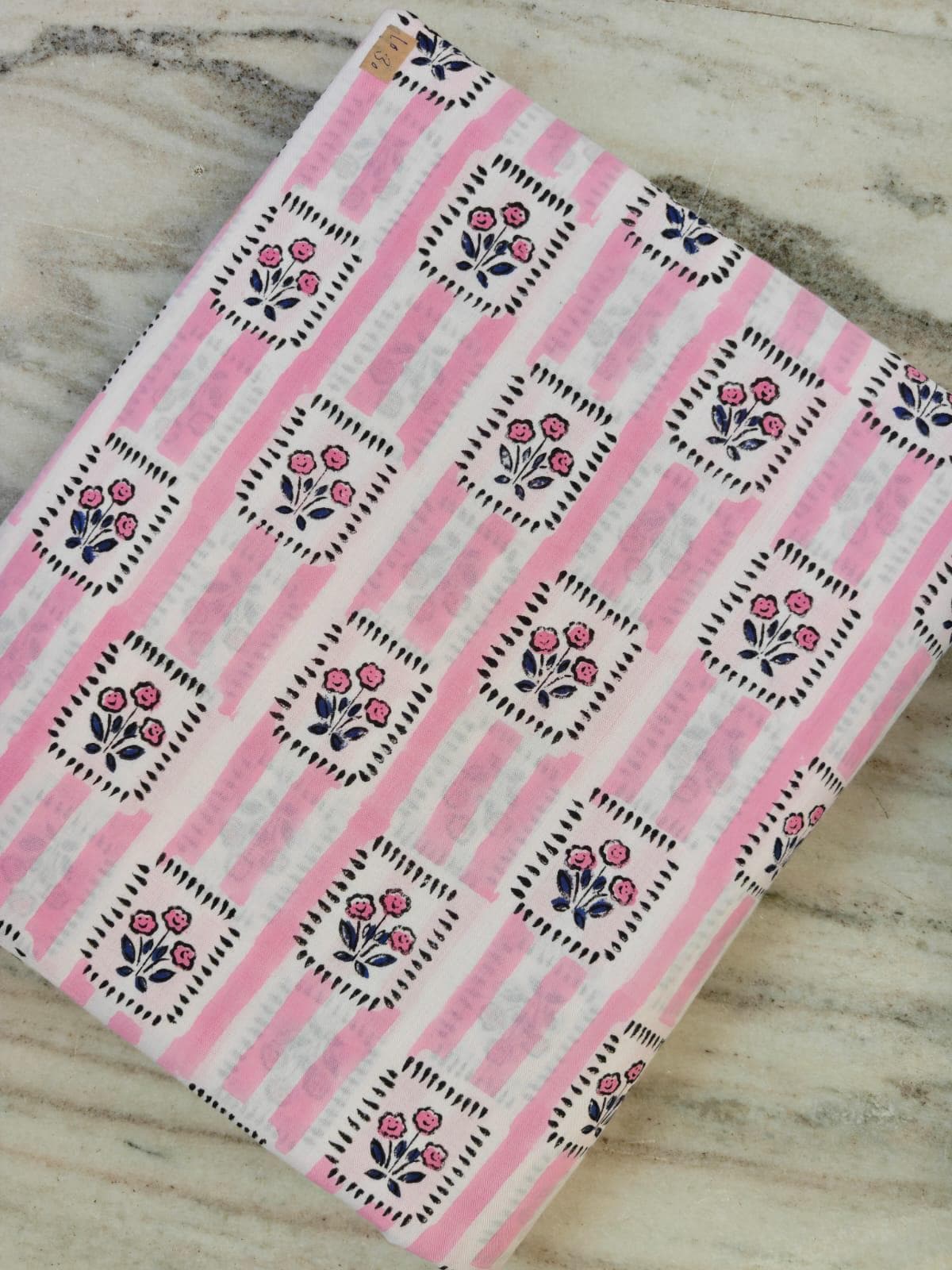Pink Floral Block Print Cotton Fabric by the Yard, Soft Handmade Cotton Fabric, Indian Cotton Textile, Floral Stripe Dressmaking Fabric