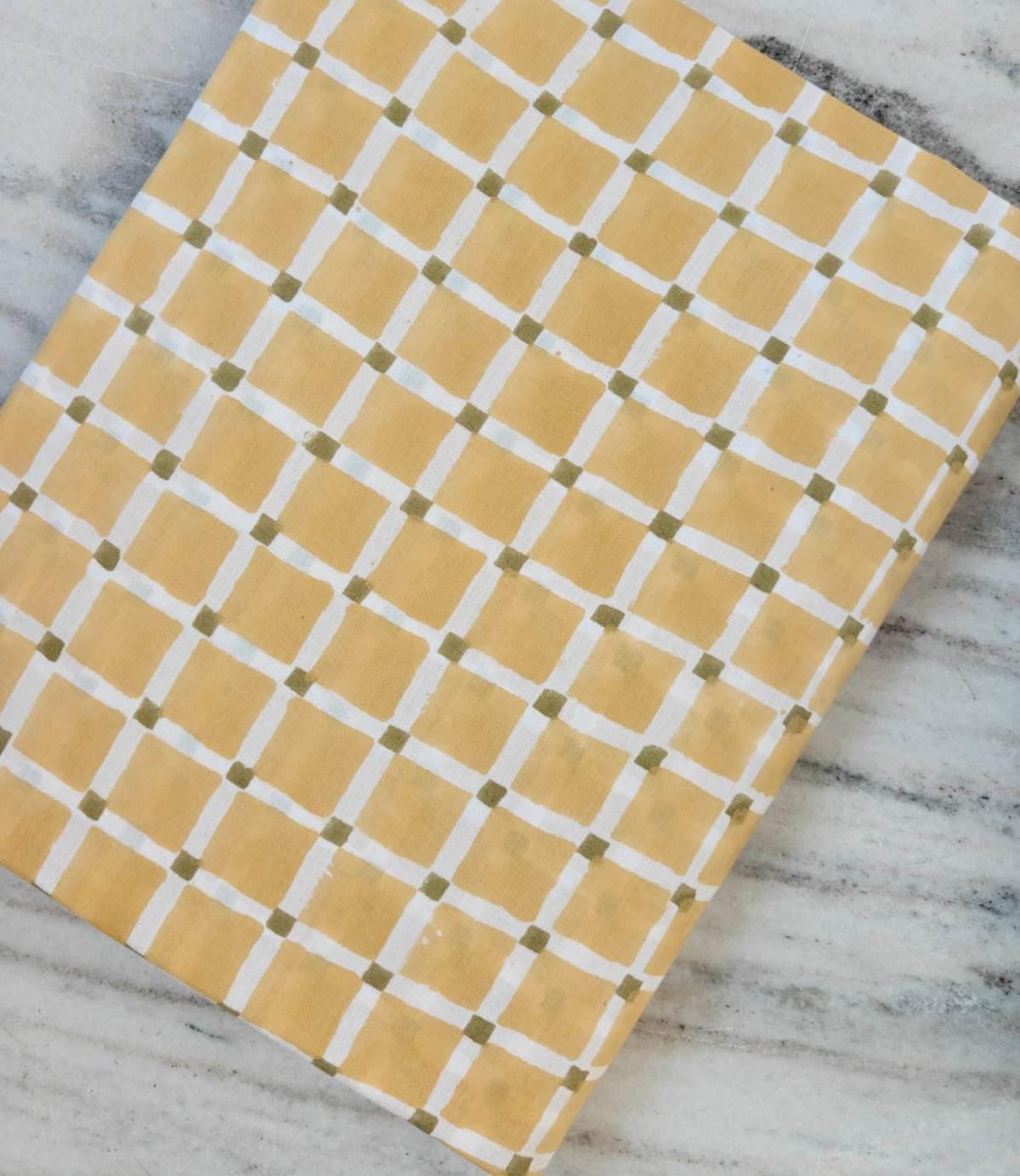 Yellow Checkered Cotton Fabric by the Yard, Hand Block Print Cotton Fabric, Geometric Grid Fabric, Indian Cotton Textile, Sewing Fabric