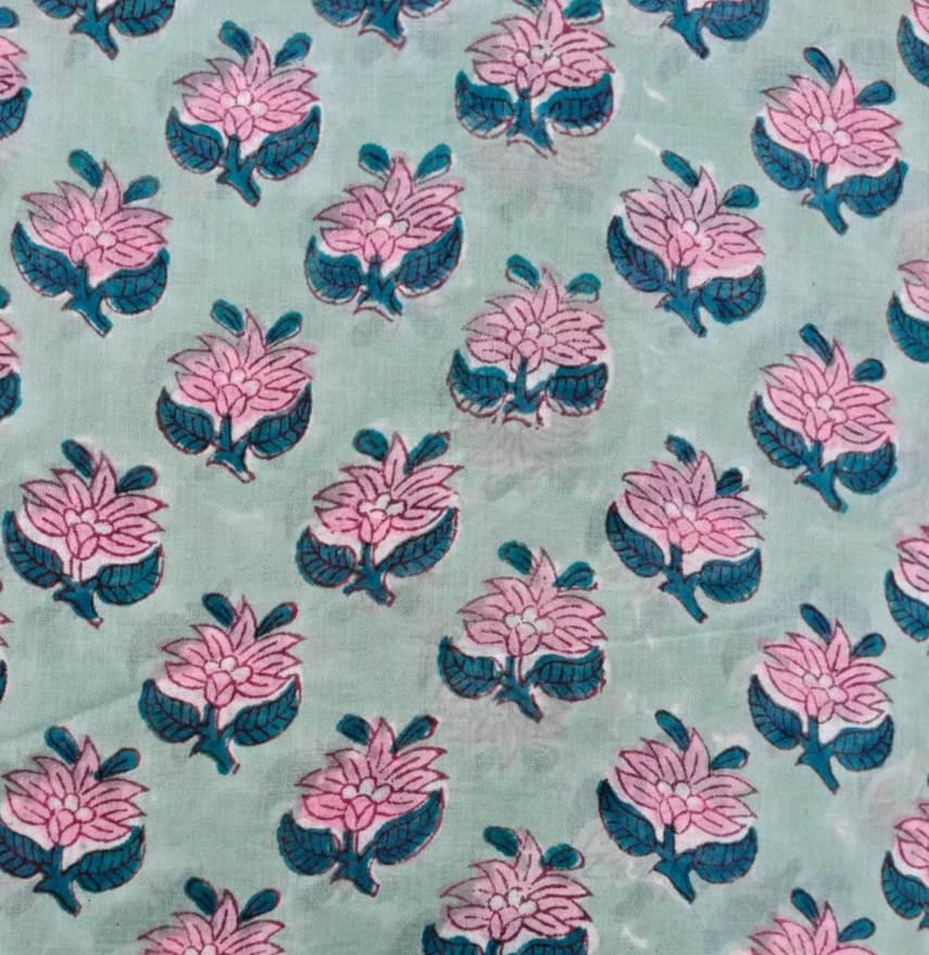 Aqua Blue Floral Cotton Fabric by the Yard, Hand Block Print Cotton Fabric, Indian Cotton Textile, Pink Flower Fabric, Soft Sewing Fabric