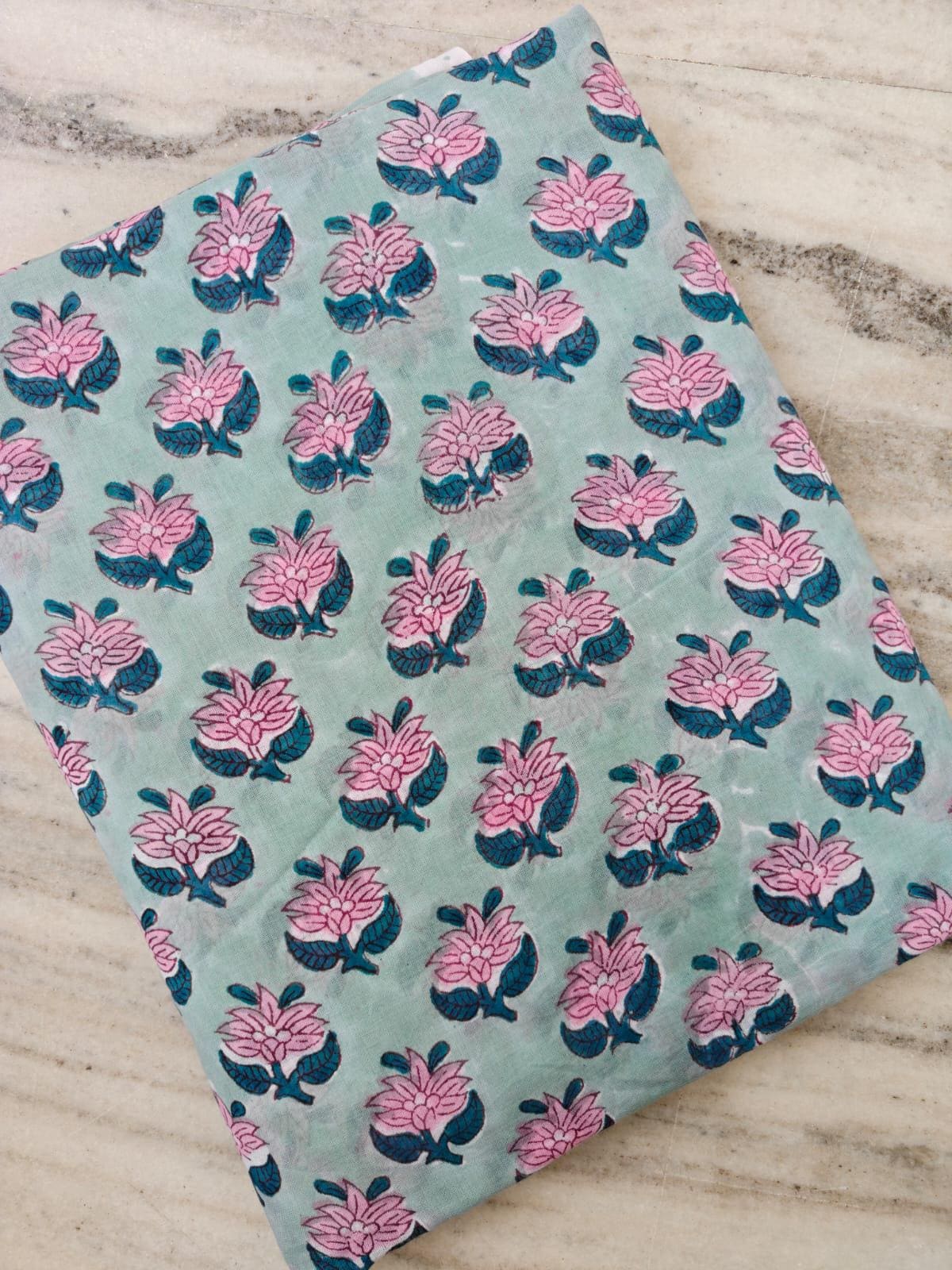 Aqua Blue Floral Cotton Fabric by the Yard, Hand Block Print Cotton Fabric, Indian Cotton Textile, Pink Flower Fabric, Soft Sewing Fabric