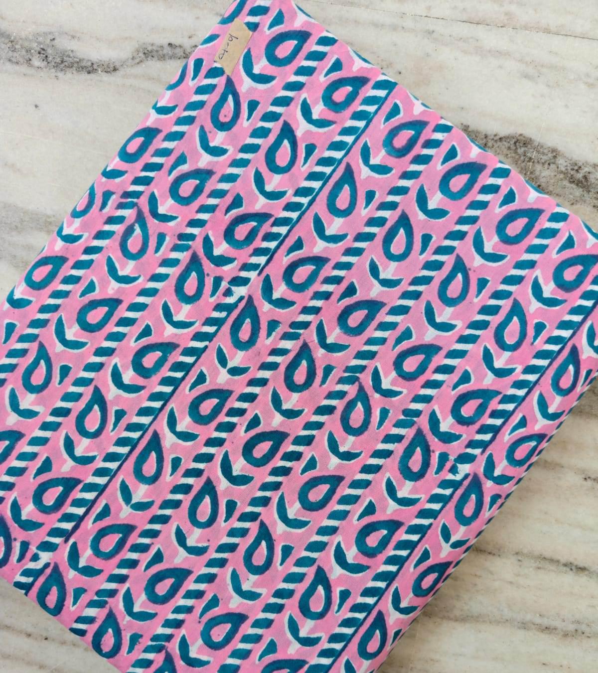 Pink Geometric Cotton Fabric by the Yard, Hand Block Print Fabric, Blue Abstract Leaf Print Cotton, Quilting Fabric, Sewing Material Fabric