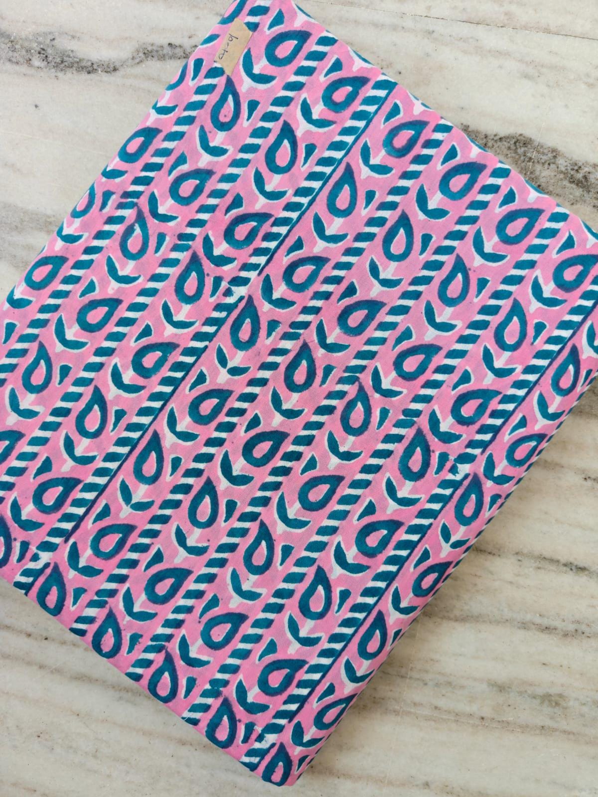 Pink Geometric Cotton Fabric by the Yard, Hand Block Print Fabric, Blue Abstract Leaf Print Cotton, Quilting Fabric, Sewing Material Fabric