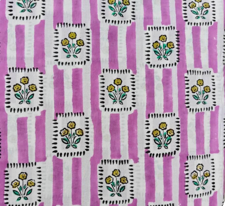 Pink Stripe Cotton Fabric by the Yard, Indian Hand Block Print Cotton Fabric, Floral Cotton Fabric, Soft Fabric for Sewing, Quilting Dresses