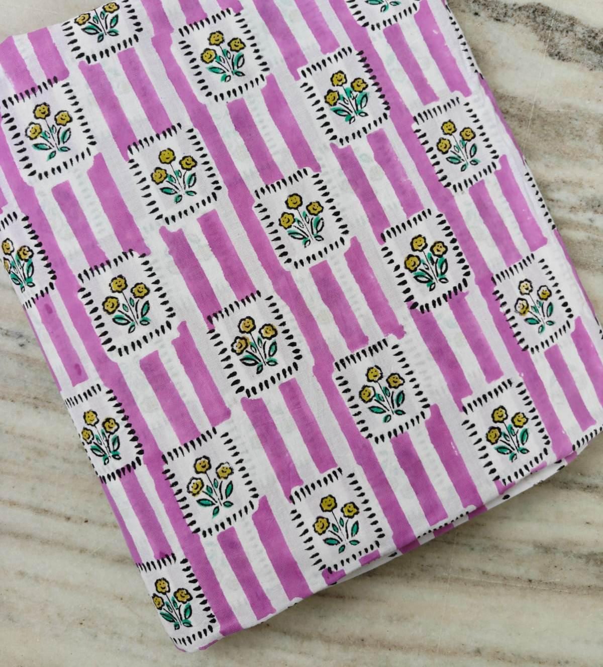 Pink Stripe Cotton Fabric by the Yard, Indian Hand Block Print Cotton Fabric, Floral Cotton Fabric, Soft Fabric for Sewing, Quilting Dresses