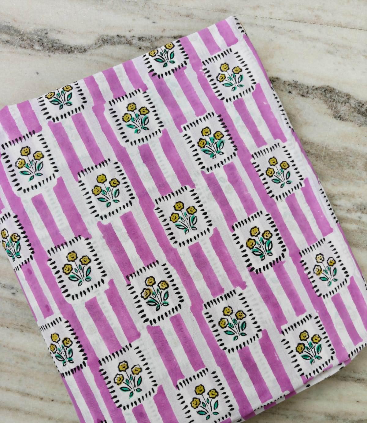 Pink Stripe Cotton Fabric by the Yard, Indian Hand Block Print Cotton Fabric, Floral Cotton Fabric, Soft Fabric for Sewing, Quilting Dresses