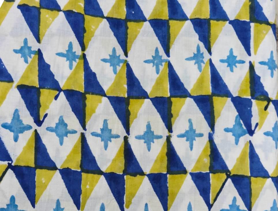 Blue Yellow Geometric Cotton Fabric by the Yard, Indian Hand Block Print Cotton Fabric, Abstract Triangle Print Fabric, Sewing Dressmaking