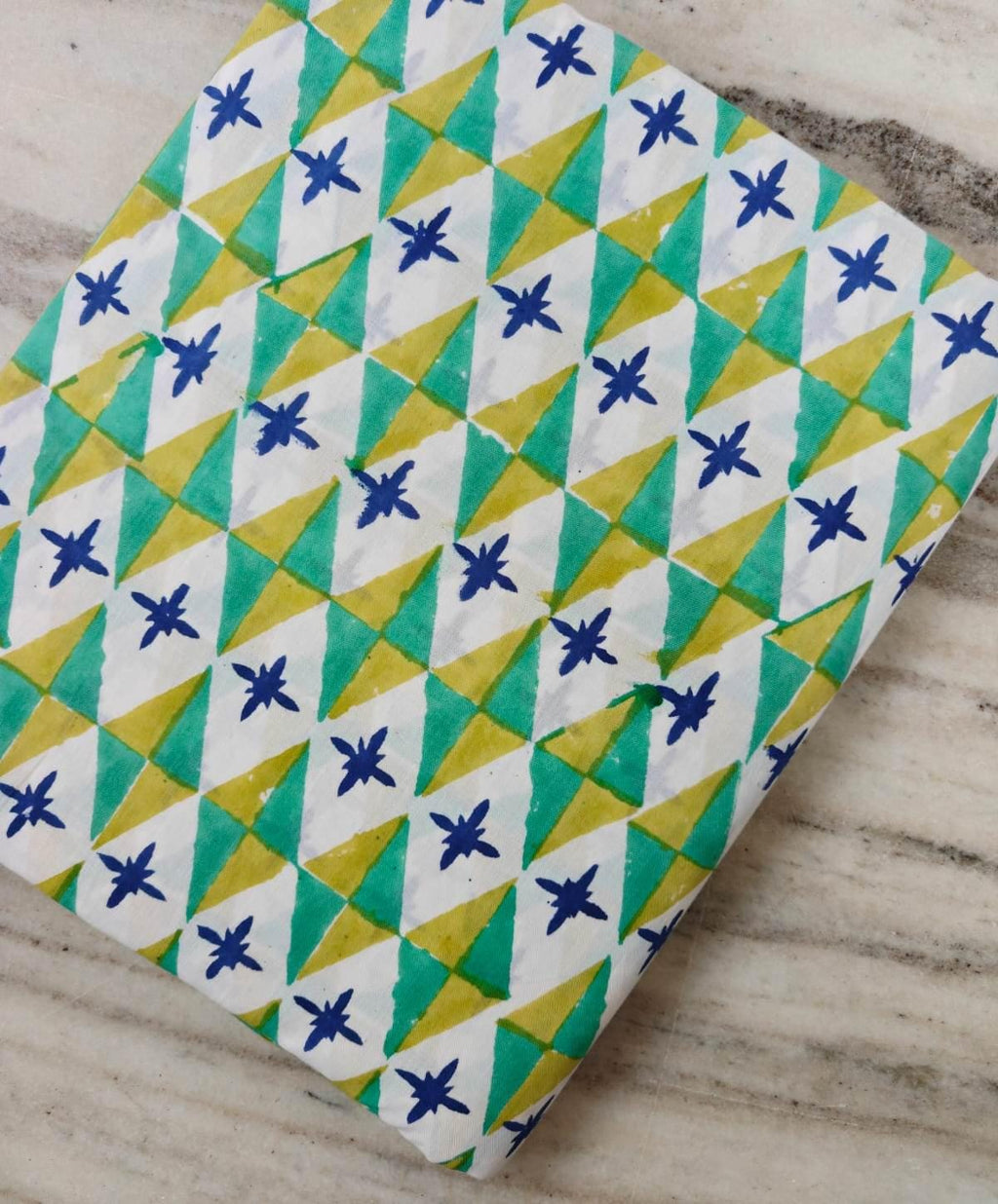 Hand Block Print Cotton Fabric by the Yard, Geometric Triangle Floral Print, Green Yellow Blue Cotton Fabric, Indian Cotton Loose Fabric