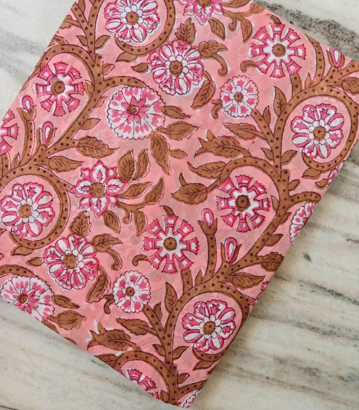 Peach Pink Floral Cotton Fabric by the Yard, Brown Vine Hand Block Print Fabric, Indian Cotton Fabric, Botanical Sewing Fabric, Dress Making