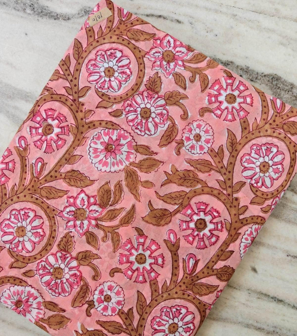 Peach Pink Floral Cotton Fabric by the Yard, Brown Vine Hand Block Print Fabric, Indian Cotton Fabric, Botanical Sewing Fabric, Dress Making
