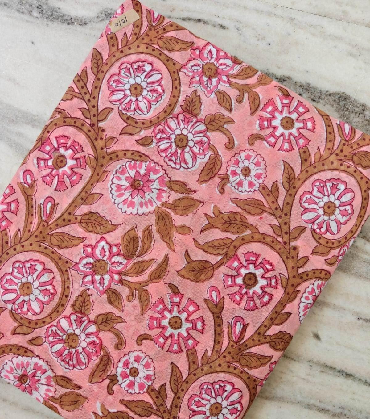 Peach Pink Floral Cotton Fabric by the Yard, Brown Vine Hand Block Print Fabric, Indian Cotton Fabric, Botanical Sewing Fabric, Dress Making