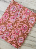 Peach Pink Floral Cotton Fabric by the Yard, Brown Vine Hand Block Print Fabric, Indian Cotton Fabric, Botanical Sewing Fabric, Dress Making