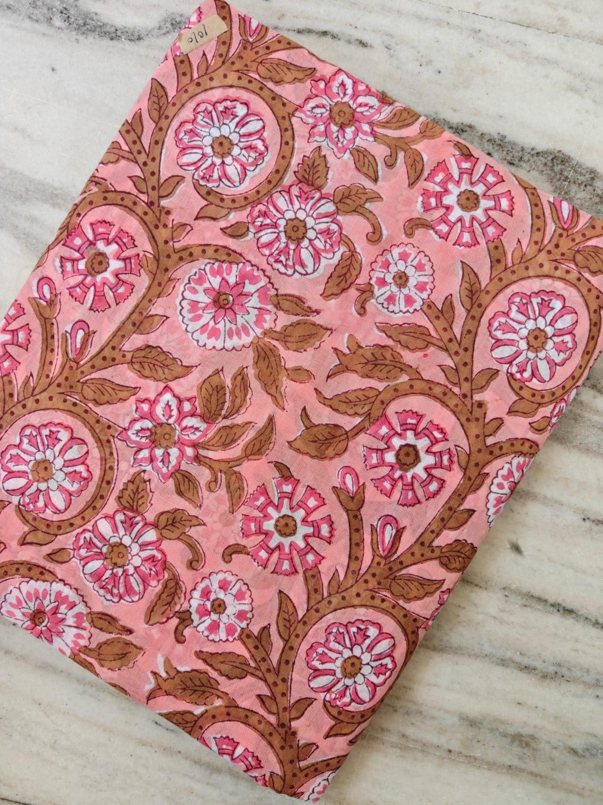 Peach Pink Floral Cotton Fabric by the Yard, Brown Vine Hand Block Print Fabric, Indian Cotton Fabric, Botanical Sewing Fabric, Dress Making