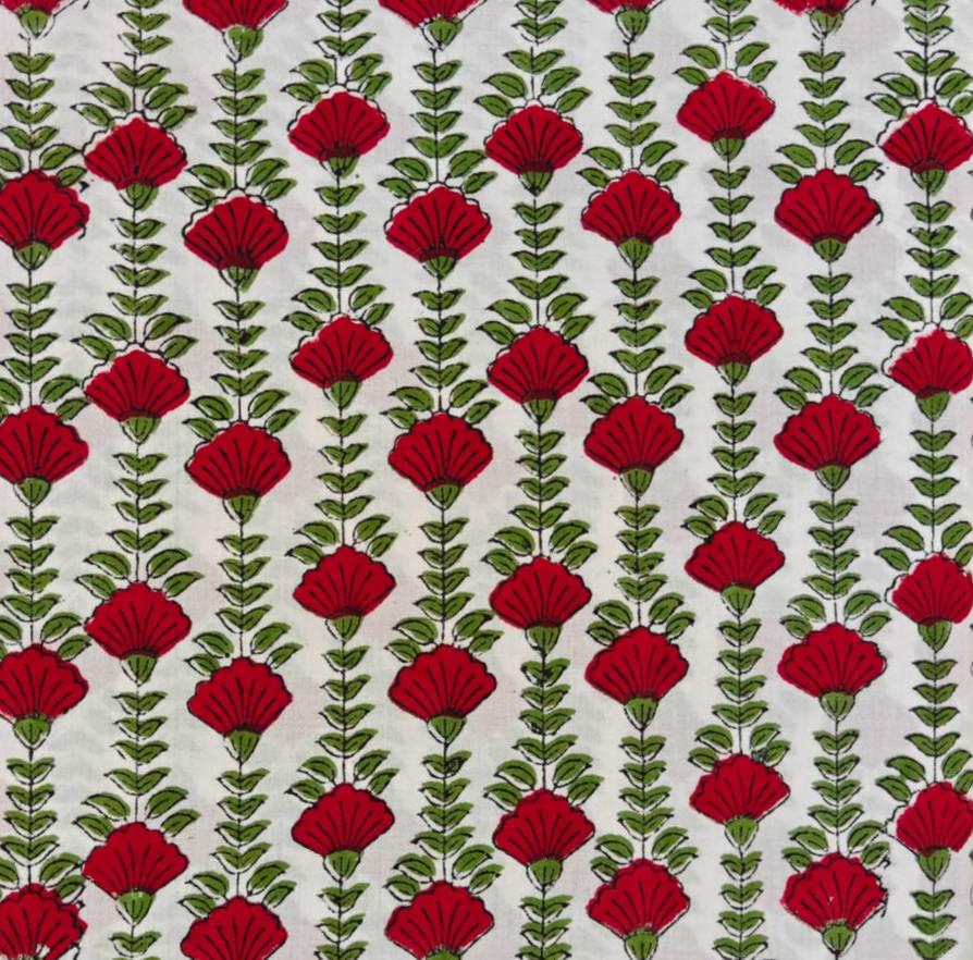 Red Floral Cotton Fabric by the Yard, White Hand Block Print Fabric, Green Vine Indian Cotton Fabric, Sewing Fabric, Loose Running Fabric