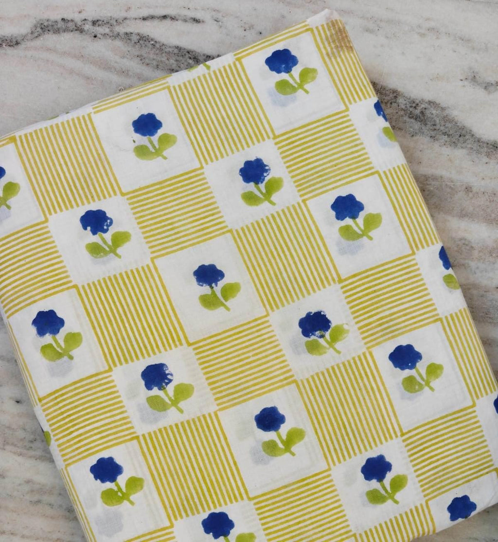 100% Cotton White Base with Mustard Yellow Stripe Check Pattern & Blue Floral Buti Print Fabric, Indian Cotton Fabric, Dressmaking Fabric