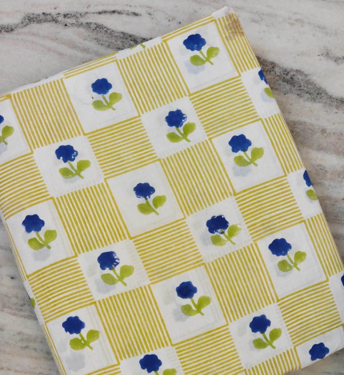 100% Cotton White Base with Mustard Yellow Stripe Check Pattern & Blue Floral Buti Print Fabric, Indian Cotton Fabric, Dressmaking Fabric