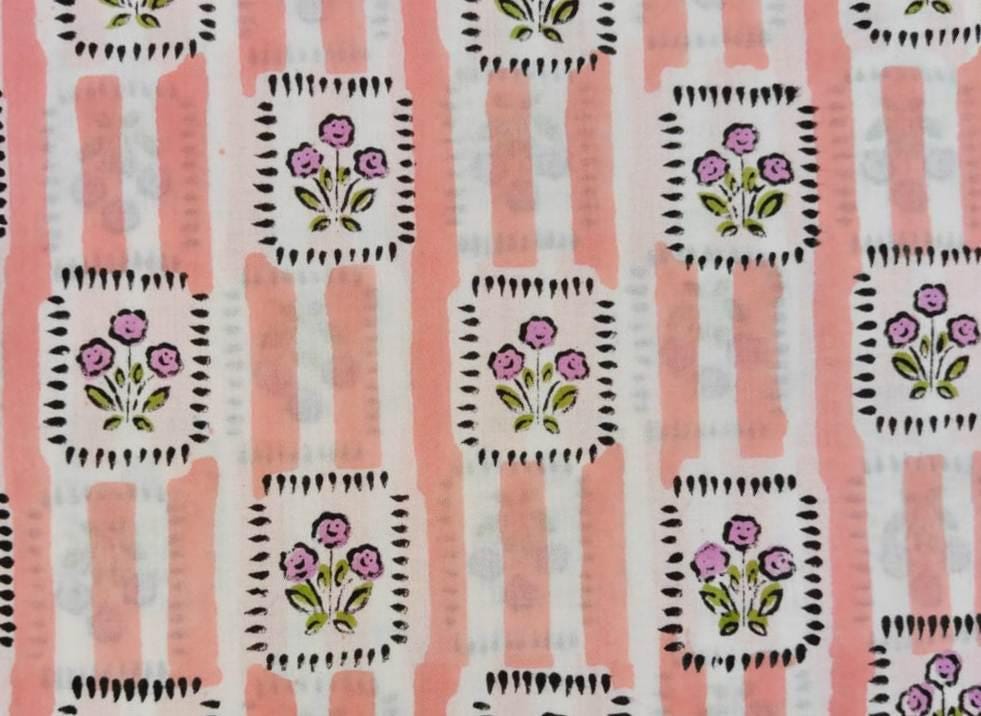 Pink & White Cotton Fabric by the Yard, Floral Block Print Style Cotton Fabric with Vertical Stripe Design,  Fabric for Sewing, Dressmaking